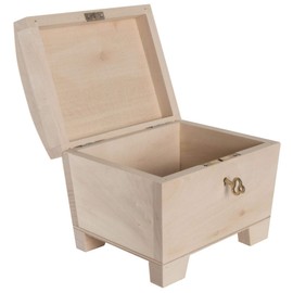 Small Wooden Storage Treasure Chest with Key Lock & Curved Lid | 15 x 11 x 9.5 cm | Trinket Keepsake Gift Decorative Lockable Box | Unpainted & Untreated Plain Lindenwood