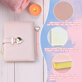 OKUYAN Heart Shaped Lock Diary Secret Diary with Lock Pu Leather Lockable Diary Pink Lock Diary with Key Girls Notebook and Pen Set Journal Notebook with Lock And Key for Women Girls Gift (18*13.5CM)