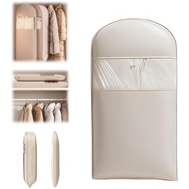 Space Saving Hanging Garment Bag with Self Compression Zipper – Moth Proof Clothes Storage for Coats, Suits & Seasonal Wear | Dustproof & Waterproof Garment Bags | Coat Storage Bag (Beige, 90x58cm)
