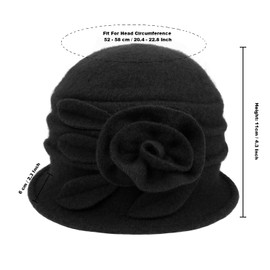 Wool Cloche Hat for Women Winter Bucket Hat 1920s Vintage Floral Fedoras Hat(Black)