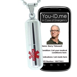 Medical Alert Necklace, Mens Womens Stainless Steel Medic ID Alert, Pill Shaped Enclosure, Ball Chain Necklace, Smartphone Friendly Identity (DVT)