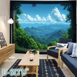 U-SITU GTWH1413D Tapestry Wall Hanging Wall Decor Veranda Blue Sea Landscape Stylish Background Multifunctional Cloth Poster Interior Atmosphere Change (Size: Length 70.9 x Width 90.5 inches (230 cm)