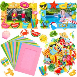 Marsui 232 Pieces Summer Ocean Beach DIY Picture Frame Craft Kit 32 Pieces Summer Beach Under The Sea Felt Photo Frames and 200 Pieces Foam Stickers for Holiday Game Activities(Beach,Cute Color)