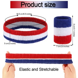 18 Pcs Sweatbands Headband Wristband Set Colorful Striped Terry Cloth Sports Athletic Gym 80s Sweat Headbands Wrist Bands (Red White Blue Stripe)