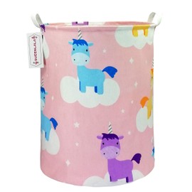 QUEENLALA Large Storage Basket,Laundry Hamper/Bathroom/Home Decor/Collapsible Round Storage Bin,Boys and Girls Hamper/Boxes/Clothing（Pink Unicorn）