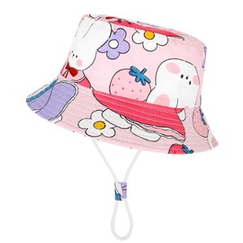 JUPSK Baby Sun Hat Toddler Summer Bucket Hat Wide Brim Beach Cotton Cap with Adjustable Chin Strap UPF50 for Kids Child Boys Girls 2-4 Years (Purple Bunny)