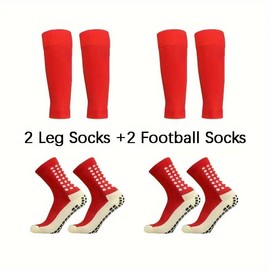 Soccer Grip Socks,Shin Guard Sleeves Set for Football Basketball for Men and Women One Size:_2Set-Red