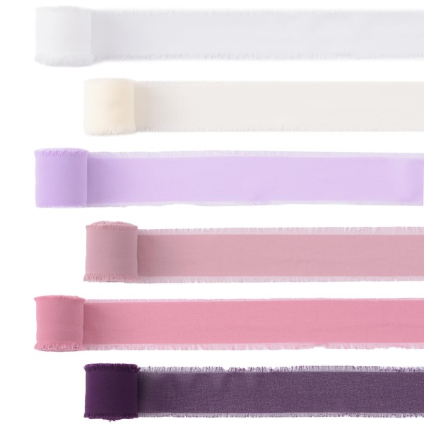 URROMA Chiffon Ribbons, 6 Rolls Pink-Purple Series Silk Ribbon Mixed