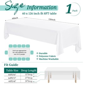 Showgeous White Tablecloths Rectangular Polyester Tablecloth for 8ft Rectangle Tables Washable White Fabric Table Covers for Wedding Banquet Restaurant Buffet Parties Camping(153x320cm)