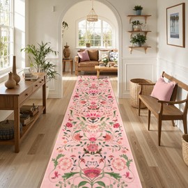 Collive Washable Runners Rug for Hallway 2.6 x 10ft, Pink Boho Spring Floral Kitchen Carpet Vintage Non Slip Entryway Runners Rug, Low-Pile Soft Modern Bedroom Carpets for Laundry Room, Entrance