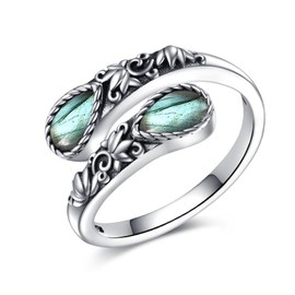 CUPENDA Labradorite Ring Sterling Silver Just Breathe Ring Labradorite Spoon Ring for Women Lotus Flower Victorian Jewelry for Women