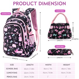 3PCS School Backpack for Girls, Kids Bookbags Set Primary Girls Students (Daypack + Lunch Bag + Pencil Case) (Black)
