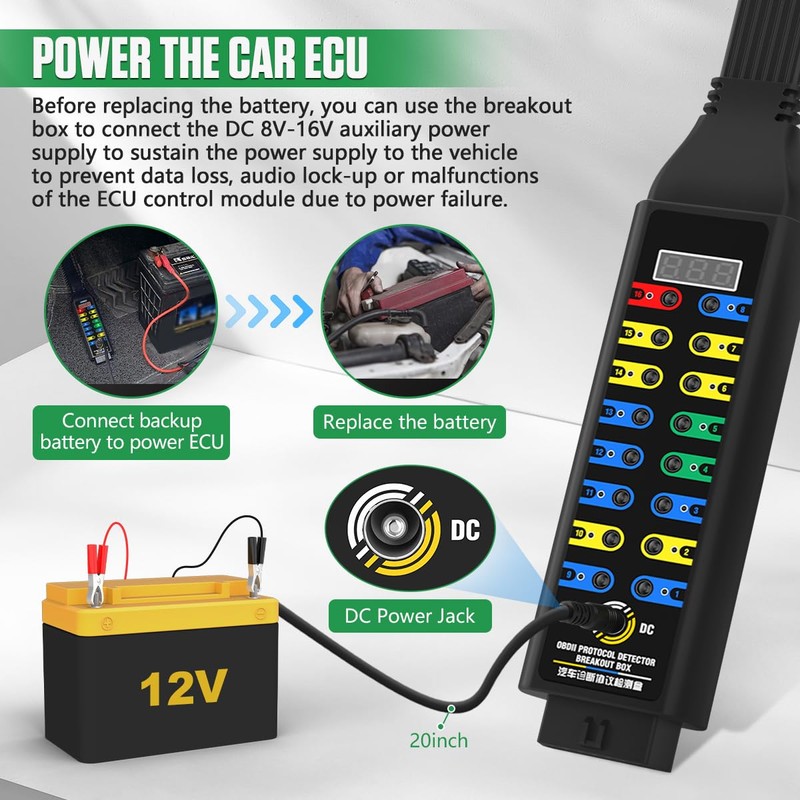 OBD2 Breakout Box Automotive Advanced OBDII Protocol Detector with LCD