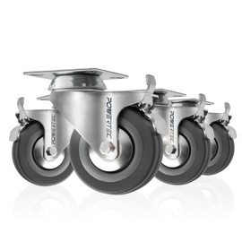 POWERTEC 3 Inch Swivel Caster Wheels Set of 4 with Brake & 640 lbs Loads, Heavy Duty Plate Casters, Dual Locking Rubber Castor Wheels for Furniture, Cart, Dolly and Workbenches (17023-P4V)