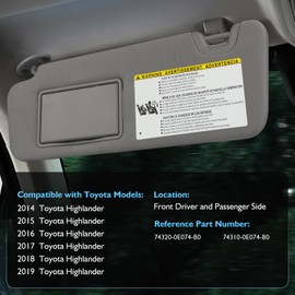 Sun Visor Driver & Passenger Side for 2014-2019 Toyota Highlander, Gray, Left & Right Side Car Visor with Light Mirror,Replacement#74320-0E074-B0 74310-0E074-B0