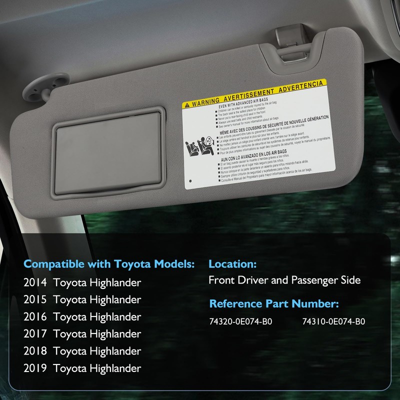 Sun Visor Driver & Passenger Side for 2014-2019 Toyota Highlander,