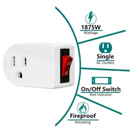 ANKO Grounded Outlet Adapter, ETL Listed Wall Tap Adapter with Red Indicator On/Off Power Switch (4 Pack)
