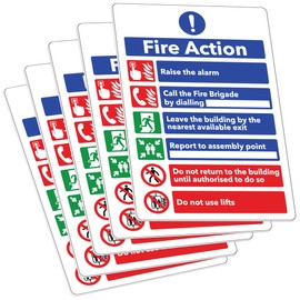 RDLCAR Fire Action Notice Sign - Evacuation Procedure, Report to Assembly Point, With Emergency Number and Clear Fire Alarm Guidelines, Comprehensive Fire Signage, 200mm x 300mm, Pack of 5