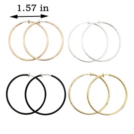 LAXPICOL Large Clip On Earrings Gold Silver Black Rose Gold 4PCS 1.57IN(40mm) Stainless Hoop Earrings Clip On Earrings for Women No Piercing