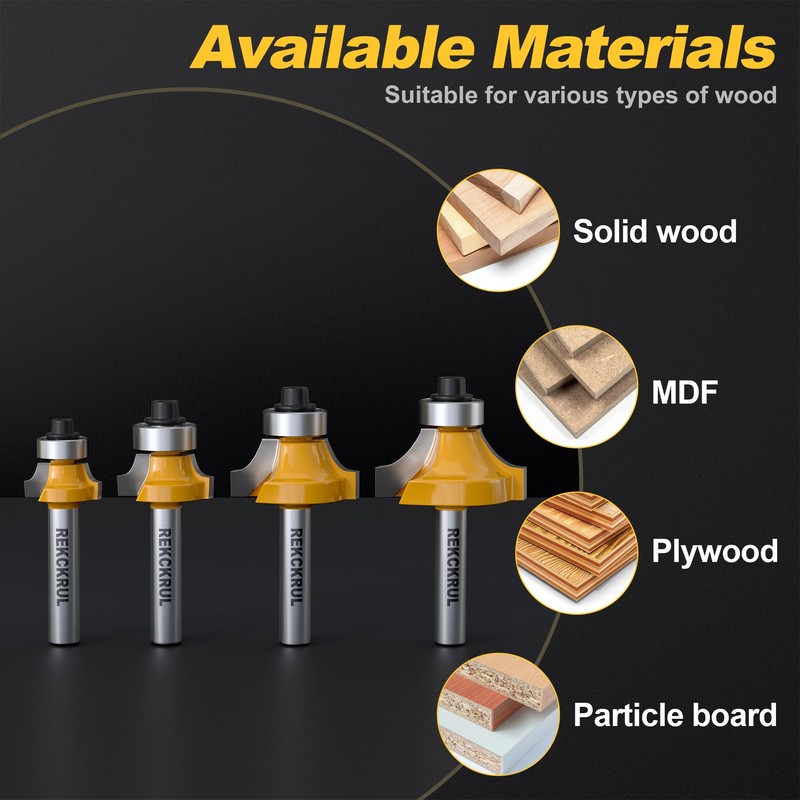 REKCKRUL 4-Piece Roundover Router Bit Set - 1/4" Shank, Carbide
