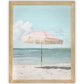 Pink Beach Umbrella Photography Print - 11x14 Framed Poster - Coastal Seascape Art Blue Sky & Cloudscape - Beach House & Vacation Home Decor, Sunny Beach & Scenic Ocean for Living Room Summer Vibes
