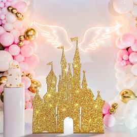 Seenelling 32in Large Glitter Princess Castle Backdrop Stand Gold Wooden Castle Fairytale Princess Birthday Party Decoration Photobooth Backdrop Centerpiece Supplies for Birthday Party Decorations