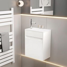 eclife 16" Small Bathroom Vanity Sink Combo, Modern Painted Wall Mounted Floating Cabinet W/Resin Basin Sink Top, Chrome Water Save Faucet & Pop Up Drain (White)