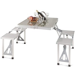 Custpromo Aluminum Portable Folding Picnic Table with Umbrella Hole and 4 Seats, Outdoor Suitcase Camping Table Game Table