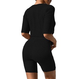 Ekouaer Pajamas 2 Piece Lounge Sets Ribbed Knit Matching Outfits T-shirt Biker Shorts Sleepwear Loungewear Sweatsuits Black Small