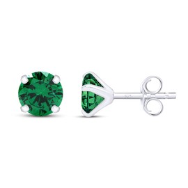 4mm Round Cut Simulated Emerald Stud Earrings in 14k White Gold Over Sterling Silver