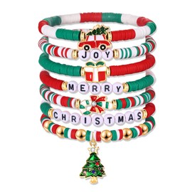 MOLOCH Christmas Bracelets Christmas Tree Candy Cane Bracelet Stackable Joy Merry Heishi Beaded Bracelets Xmas Holiday Stocking Stuffers Party Favors Gifts