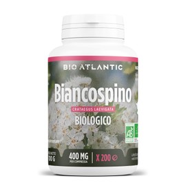 Biancospino Bio 400mg - 200 compresse, Ingredienti : Polvere di Biancospino sommità fiorite*: 1200mg, Agente di carica : Carbonato de magnesio