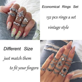 Milacolato 132PCS Bohemian Knuckle Ring Set for Women, Hollow Silver Fashion Midi Finger Rings, Vintage Stackable Knuckle Midi Rings Set, Stainless Steel
