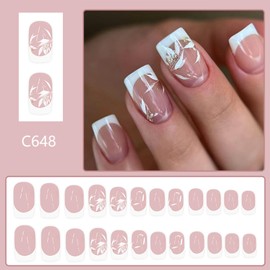 White French Tip Press on Nails Medium Square Fake Nails with Gold Glitter Leaves Design Spring Leaf False Nails Glossy Natural Glue on Nails Acrylic Artificial Stick on Nails for Women Girls 24Pcs
