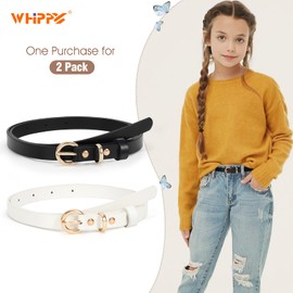 WHIPPY 2 Pack Belts for Girls Kids Skinny Belts Thin Leather Waist Belt with Alloy Pin Buckle for Pants Jeans Dresses, Black/White, Fits Waist 19"-24"