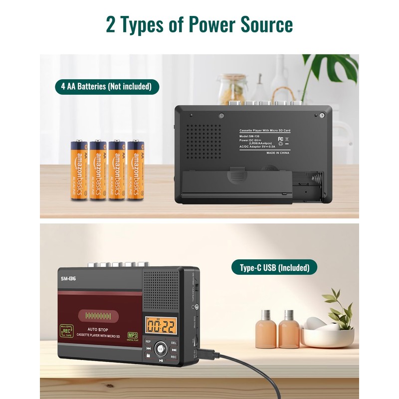 SEMIER Small Cassette Tape Player, USB C or SD Card