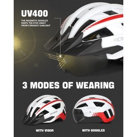 VICTGOAL Bike Helmet with USB Rechargeable Rear Light Detachable Magnetic Goggles Removable Sun Visor Mountain & Road Bicycle Helmets for Men Women Adult Cycling Helmets (L: 57-61 cm, White)