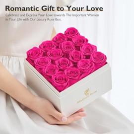 Eterfield Forever Flowers Preserved Roses Real Roses That Last Over a Year Rose Box Gifts for Her Mothers Day Valentines Day Christmas (Square White Box, 16 Hot Pink Roses)