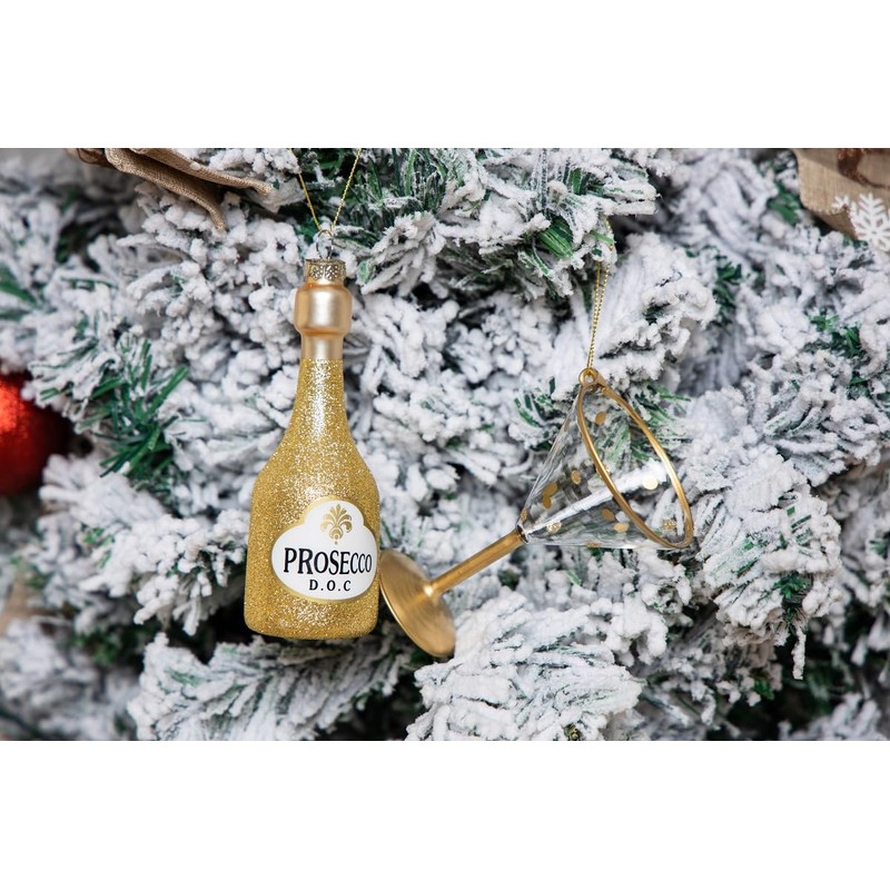 Blown Glass Prosecco Wine Bottle Ornament and Wine Glass Ornament