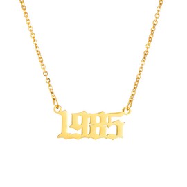 SKQIR Birth Years Number Necklace,Initial Year Pendant Necklace Gold Plated Birthday Gift Charm Friendship Old English Arabic Mumerals Stainless Steel Necklace Jewelry for Women Girl（Gold,1985）