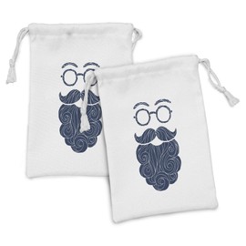 Ambesonne Manly Fabric Pouch Set of 2, Hand Drawn Sketch of Hipster Style Long Beard Mustache with Round Glasses, Small Drawstring Bag for Toiletries Masks and Favors, 9" x 6", Dark Petrol Blue White