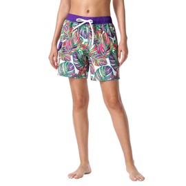 unitop Women's Board Swimwear Fast Drying Drawstring Beach Trunks with Pocket Purple&Green XL