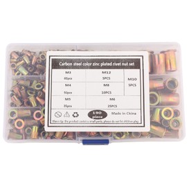 190Pcs M3-M12 Plated Carbon Steel Flat Threaded Rivet Nut Flange Rivnut Nutsert Fastener