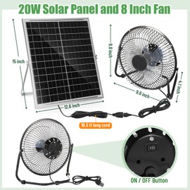 Tujoe 20w Solar Panel 8 Inch Fan, High Velocity Portable Floor Fan 36db Quiet Operation 19.5ft Long Cord, Solar Panel Waterproof Powered Fan for Greenhouse Motorhome, Camping(1 Pack)