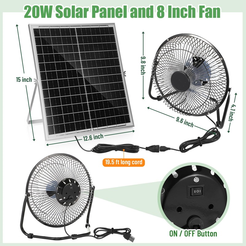 Tujoe 20w Solar Panel 8 Inch Fan, High Velocity Portable