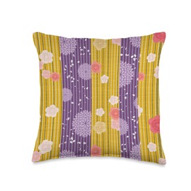 Traditional Japanese Kimono Elegazelle Designs Wagara Traditional Japanese Pattern Design-KIKU Sakura Throw Pillow, 16x16, Multicolor