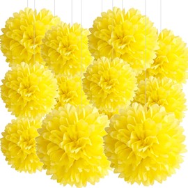 BRZIKWT 12 Pcs Yellow Tissue Paper Pom Poms for Party Ceiling Wall Hanging Tissue Flowers Decor (10inch & 12 inch)