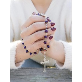 Nazareth Store Purple Crystallized Beads Rosary Handamade Prayer Necklace with Madonna Holy Soil Centerpiece Medal and Silver Jesus Cross Crucifix
