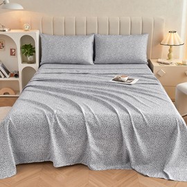 Mooreeke Leopard Cheetah Printed King Bed Sheets, Soft Microfiber Bedding Sheets & Pillowcases, Deep Pocket Non-Slip Fitted King Sheet, Silver Grey Animal Pattern Bedsheets