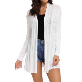 Sykooria Ladies White Cardigan Summer Jacket Long Sleeve Lightweight Open Front Waterfall Boyfriend Cardigans Sweater Blouse Top Size 6-20